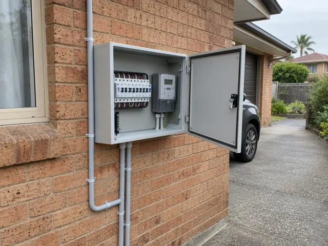 Open electrical switchboard mounted on an exterior brick wall beside a driveway in Manly Vale